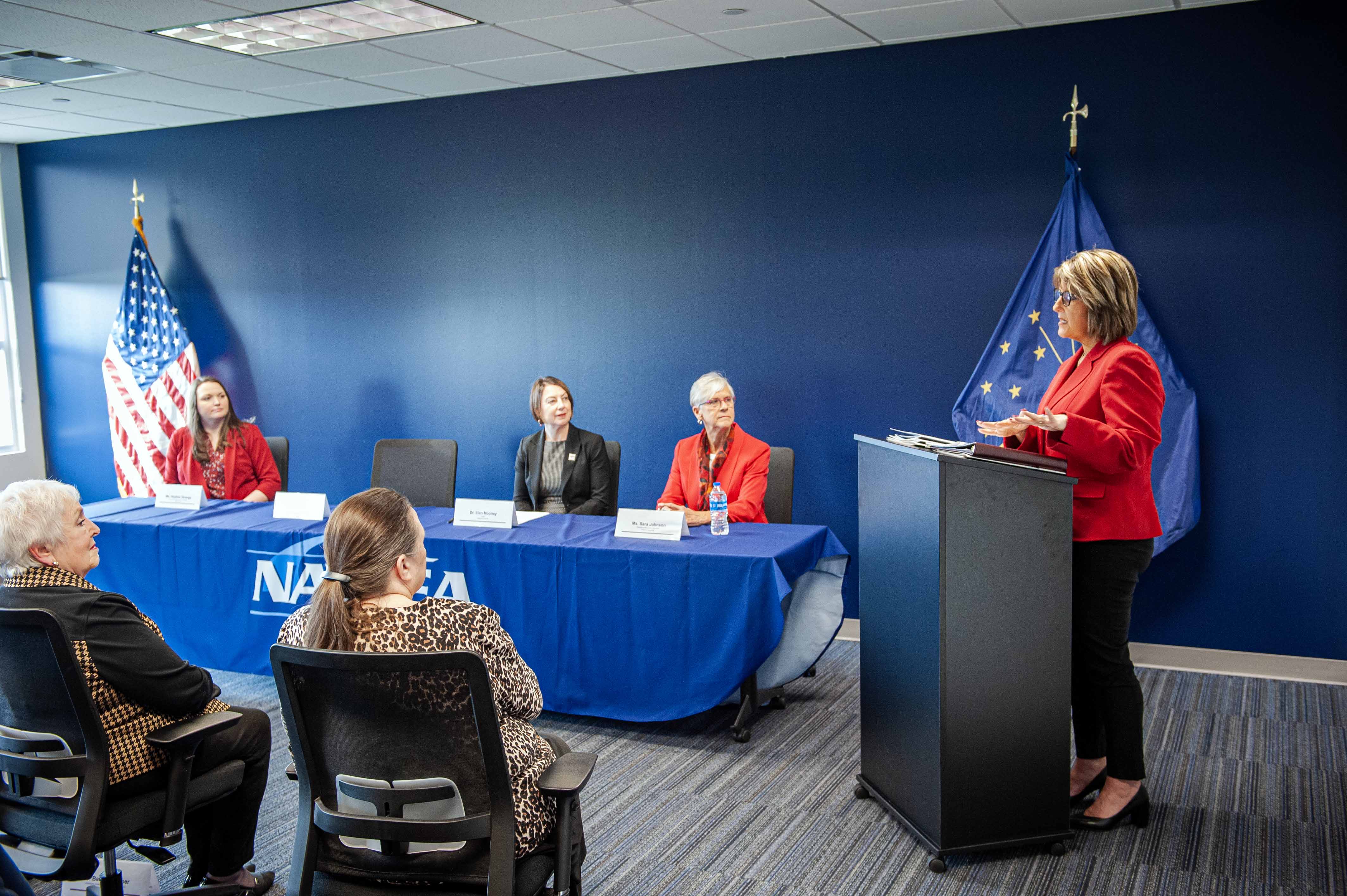 Dr. Angela Lewis speaks at the Education Services Agreement signing event between NSWC Crane and Indiana Unviersity